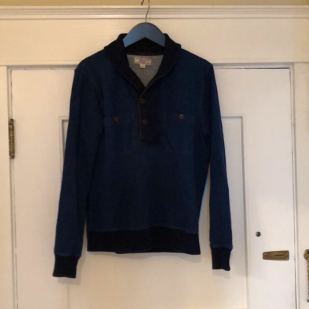Wallace & Barnes indigo roll-collar pullover sweatshirt